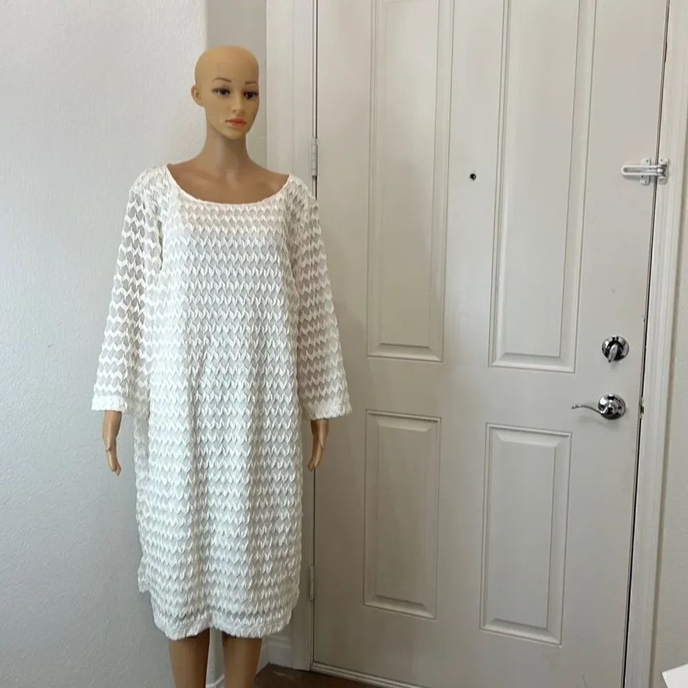 Sharango Dress Size 24W Scoop Neck Long Sleeve Midi Lined Ivory Off White